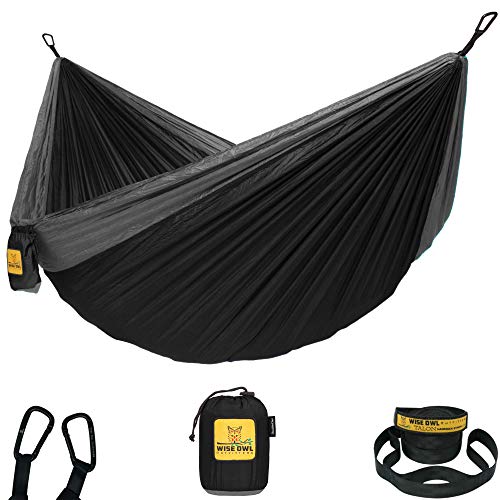 Wise Owl Outfitters Hammock for Camping Single & Double Hammocks Gear for The Outdoors Backpacking Survival or Travel – Portable Lightweight Parachute Nylon SO Black & Grey